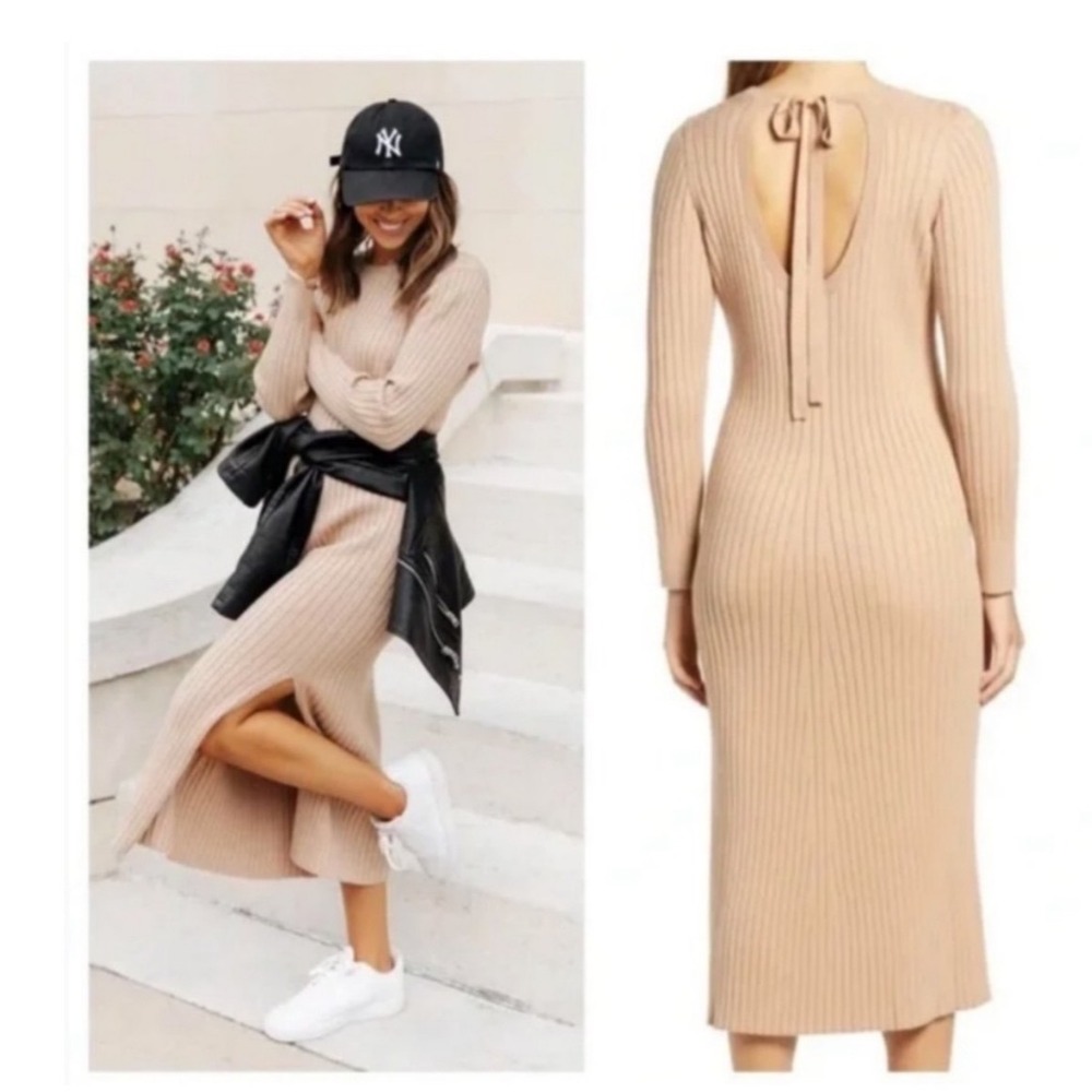 WAYF NEW Ribbed Knit Midi Dress Small Beige Brown Tie Back Bodycon NWT